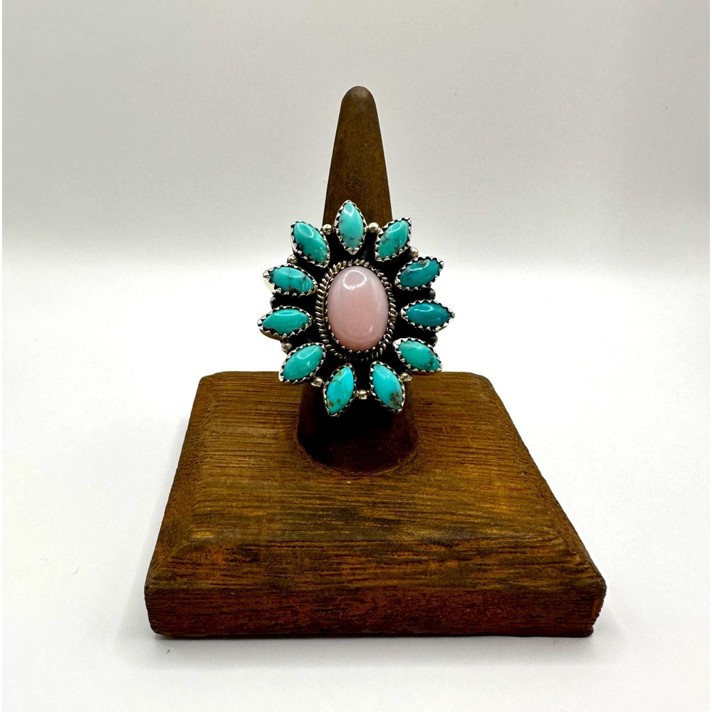Sterling silver natural turquoise and pink conch adjustable ring